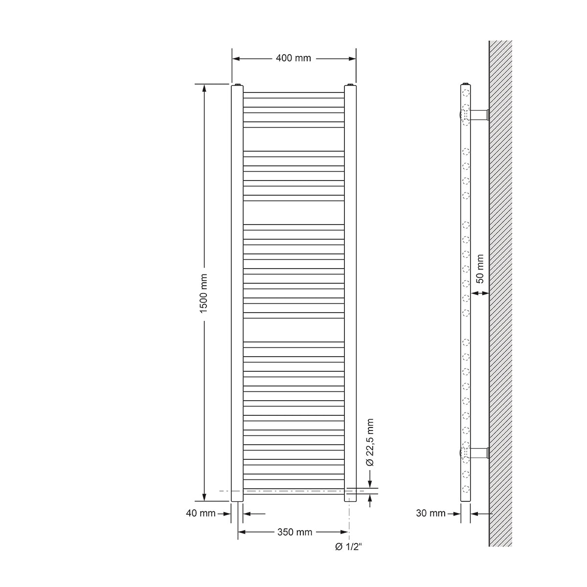 Gerader Heizkörper mit 40 cm Breite und 150 cm Höhe.
