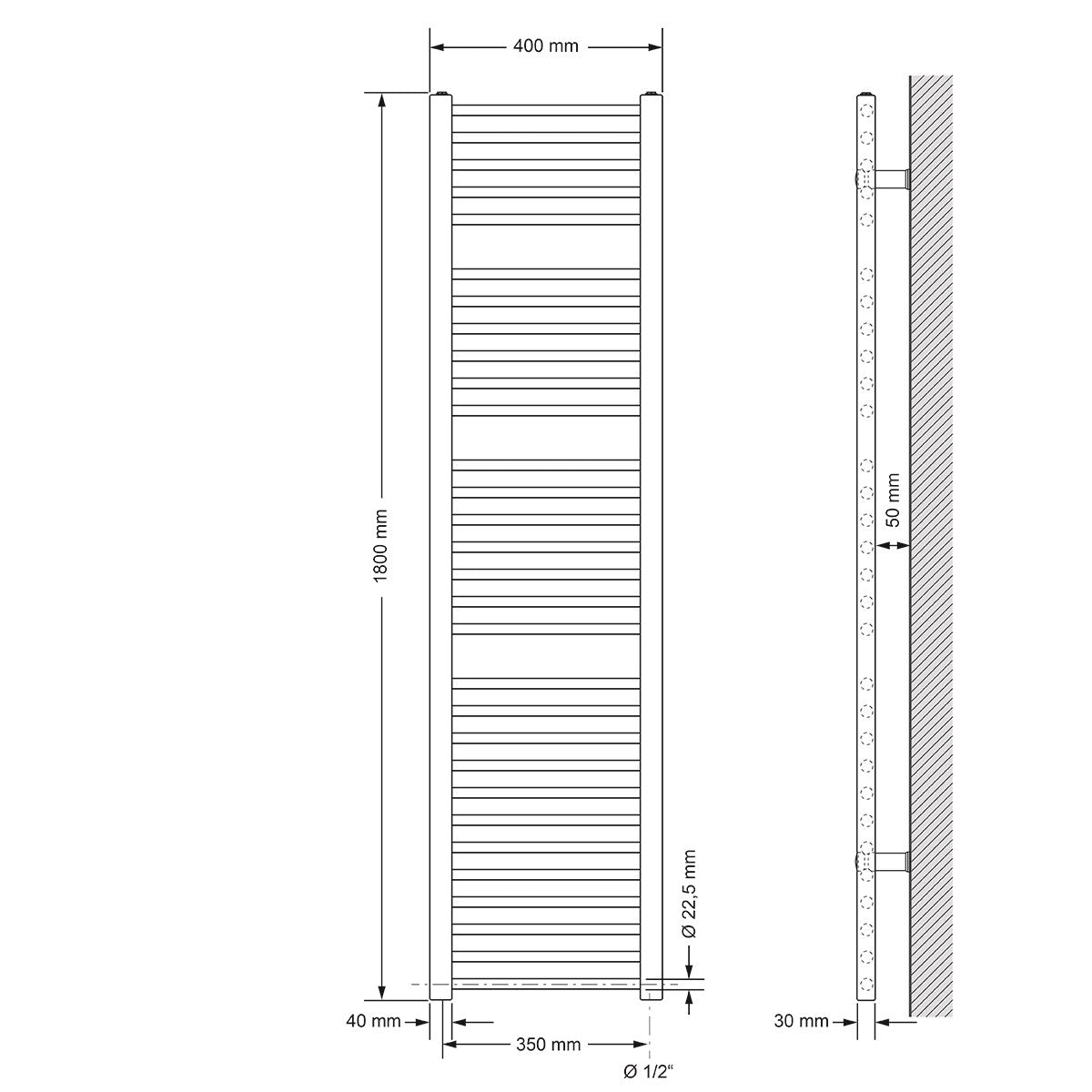 Technische tekening van een handdoekradiator met afmetingen.