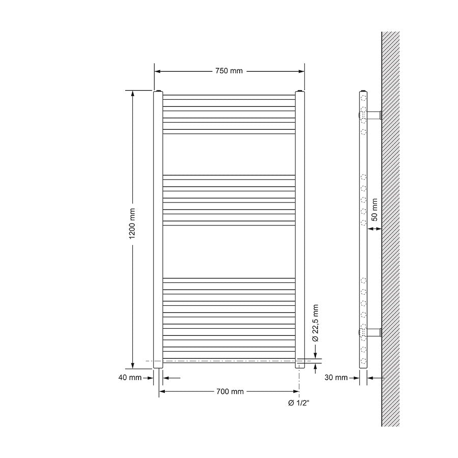 Dessin technique d'un radiateur droit avec des dimensions.