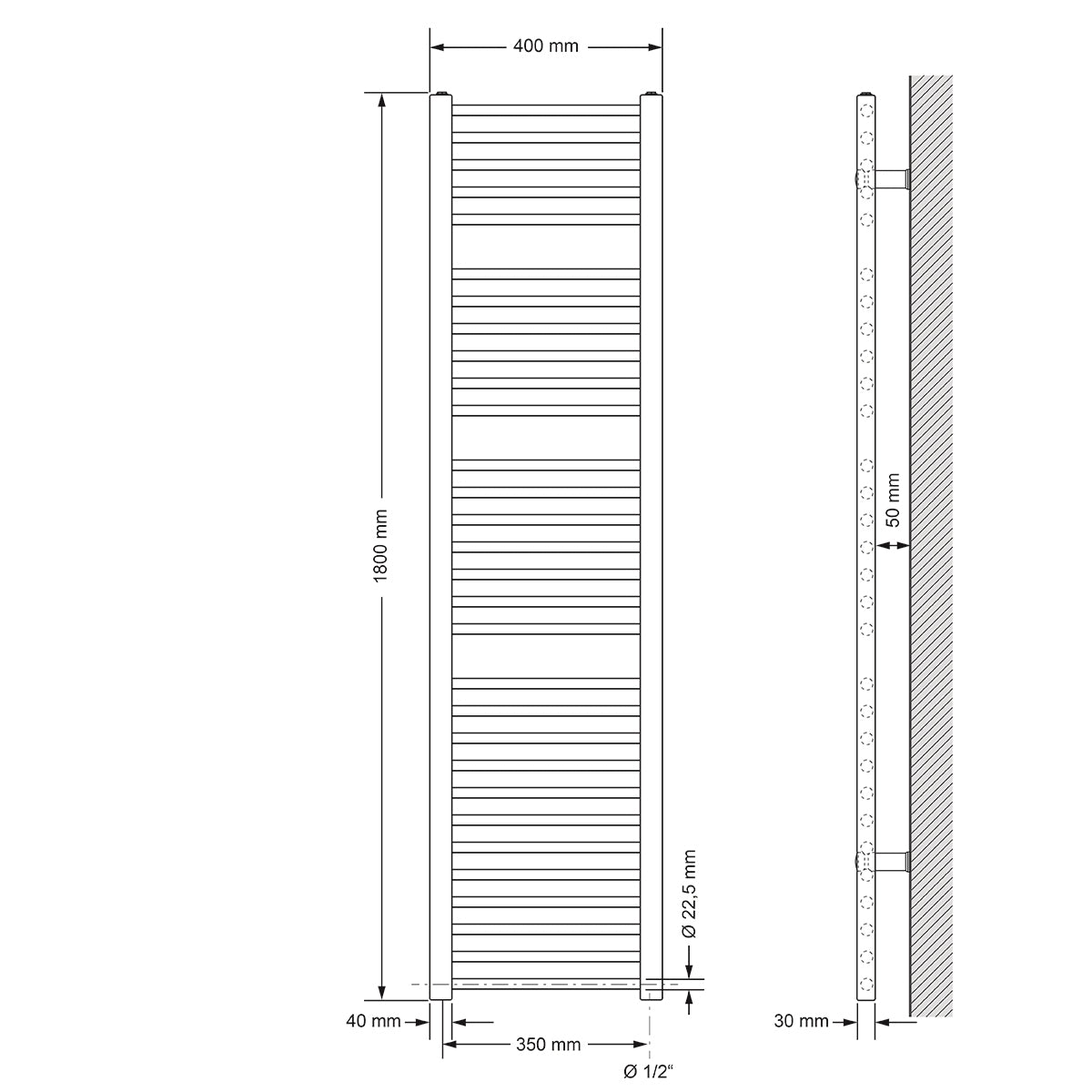 Teknisk tegning af en lige radiator, mål 40x180 cm.