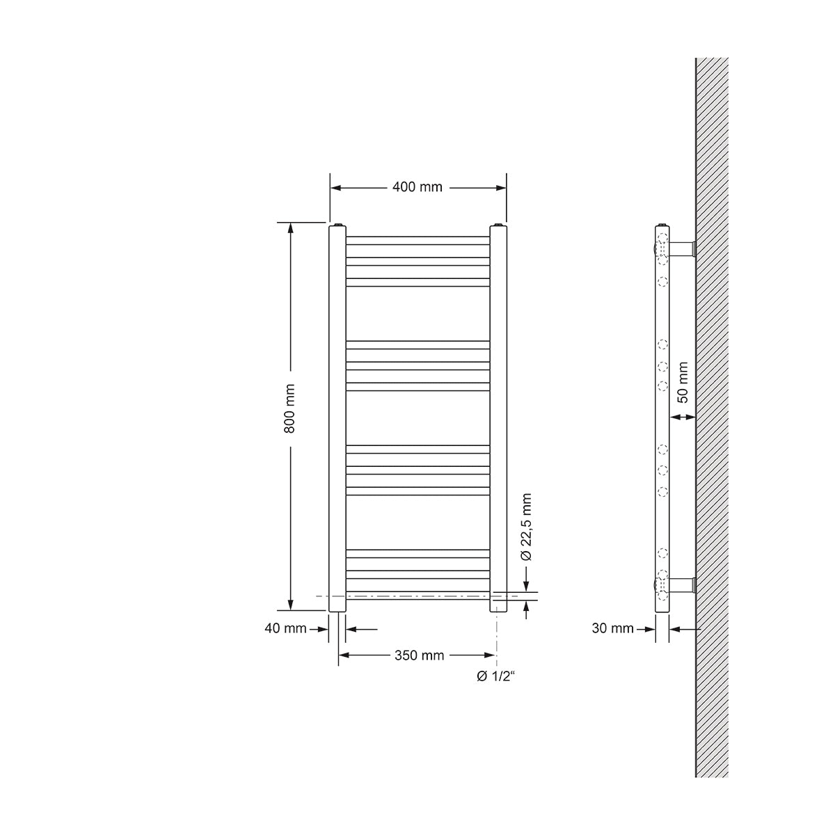Technische Zeichnung eines geraden Heizkörpers, Maße 400x800 mm.