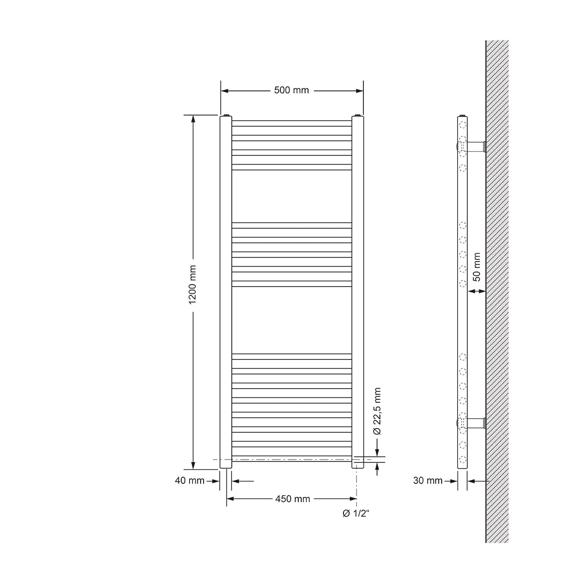 Egyenes radiátor műszaki rajza, méretek: 500x120 mm.