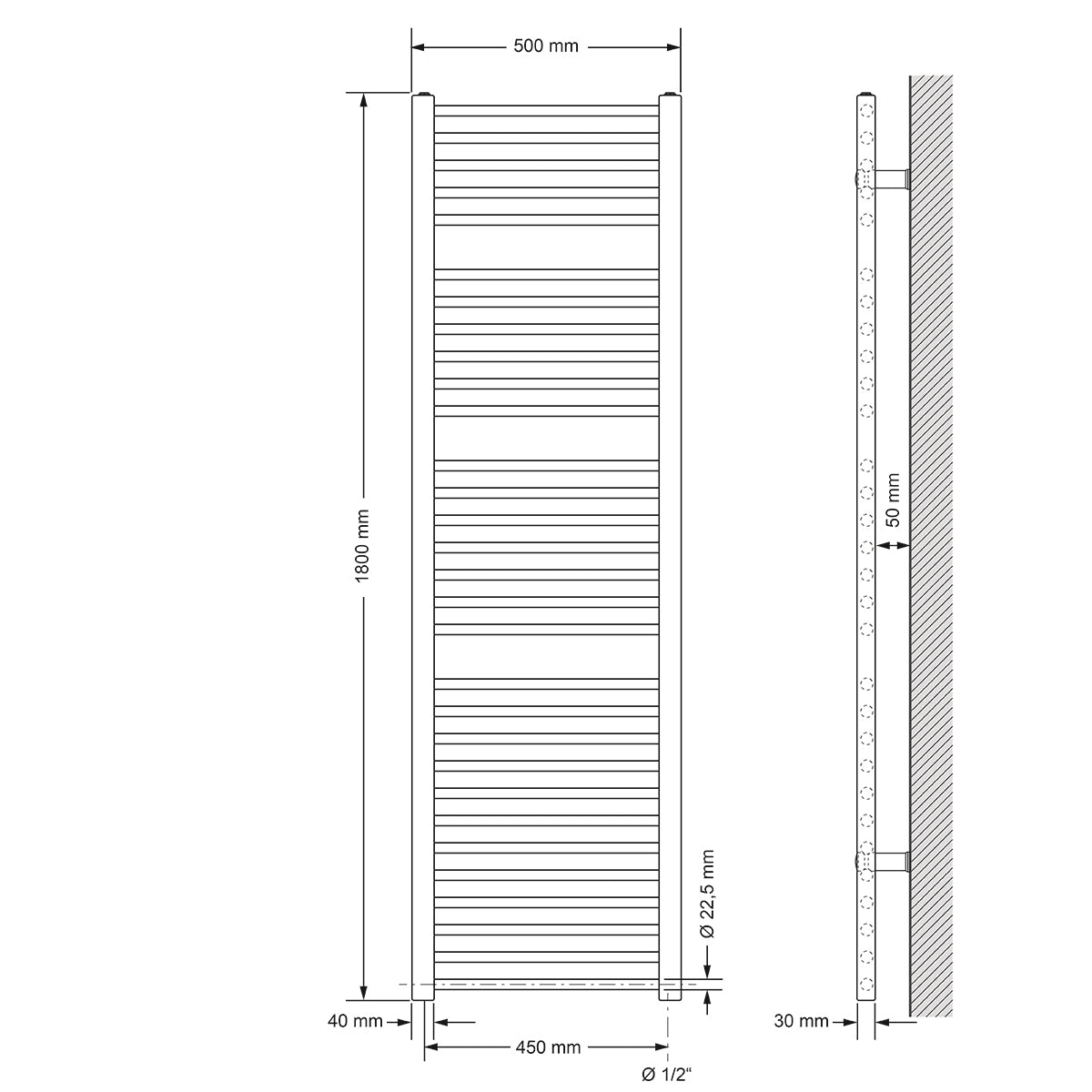 Tekninen piirustus suorasta lämpöpatterista, mitat 50x180 cm.
