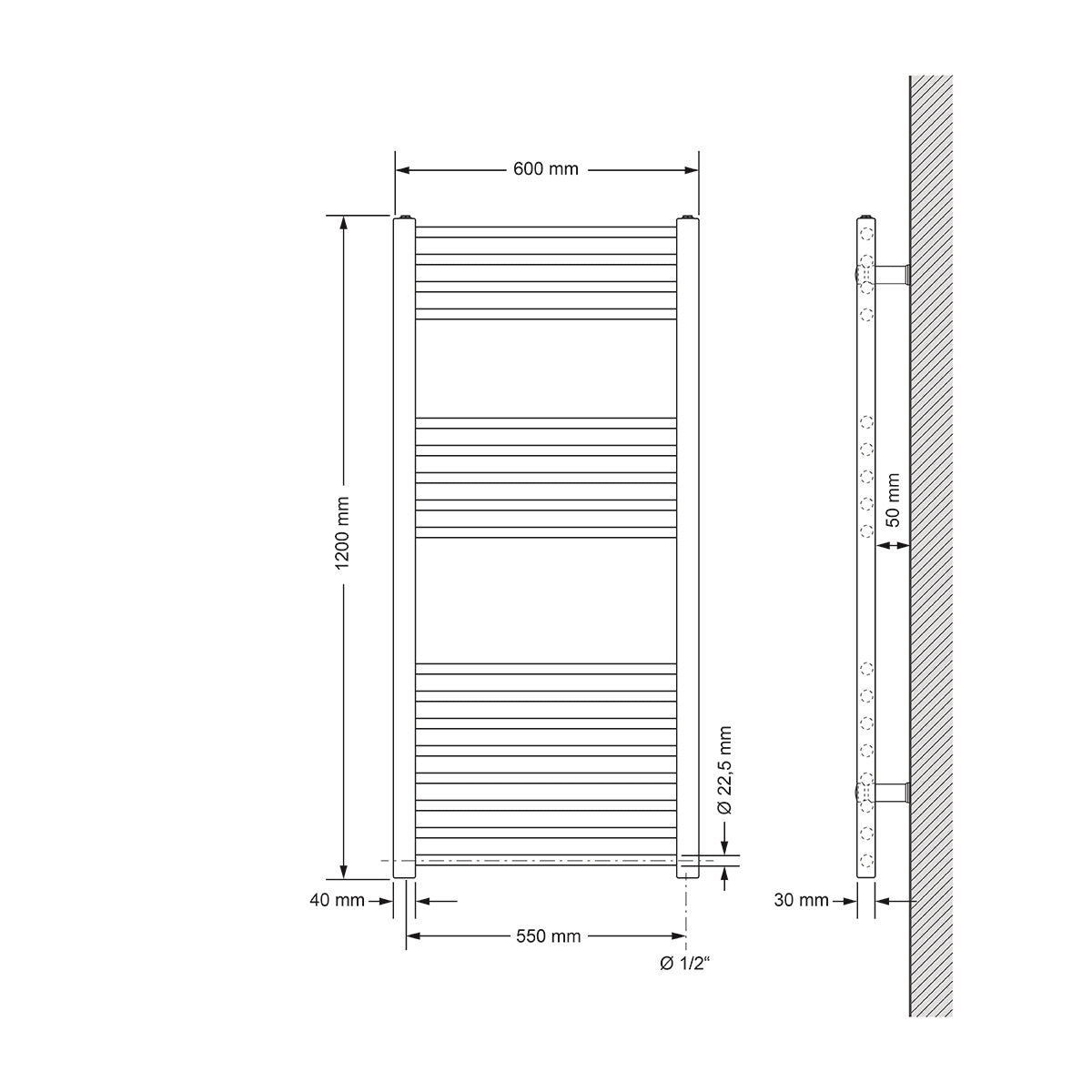 Technische tekening van een rechte radiator, afmetingen 60x120 cm.