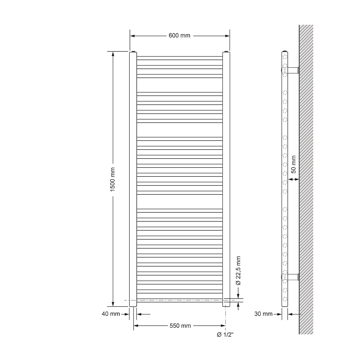 Dibujo técnico de un radiador recto, dimensiones 600x1500 mm.
