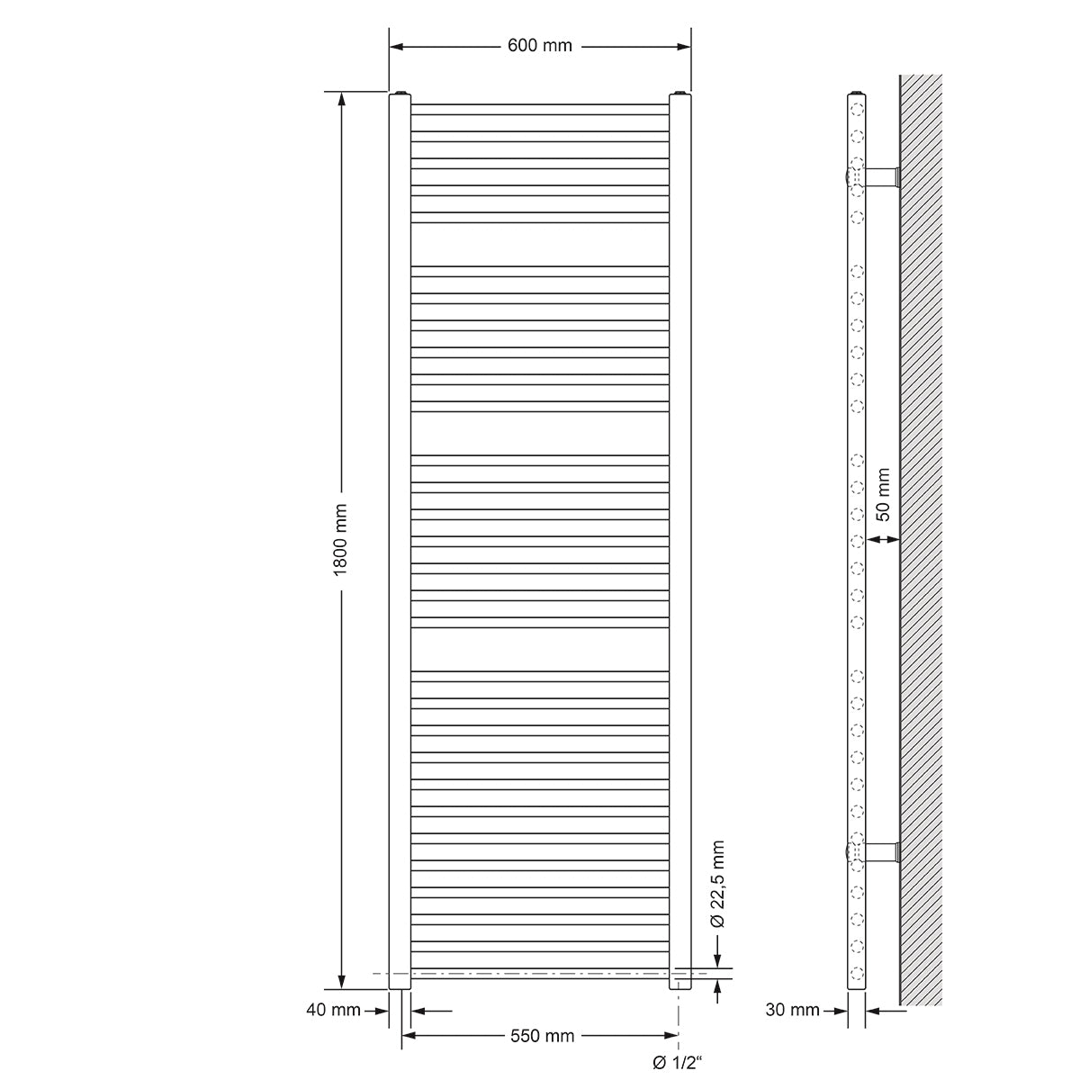 Technische tekening van een rechte radiator, afmetingen 600x180 mm.