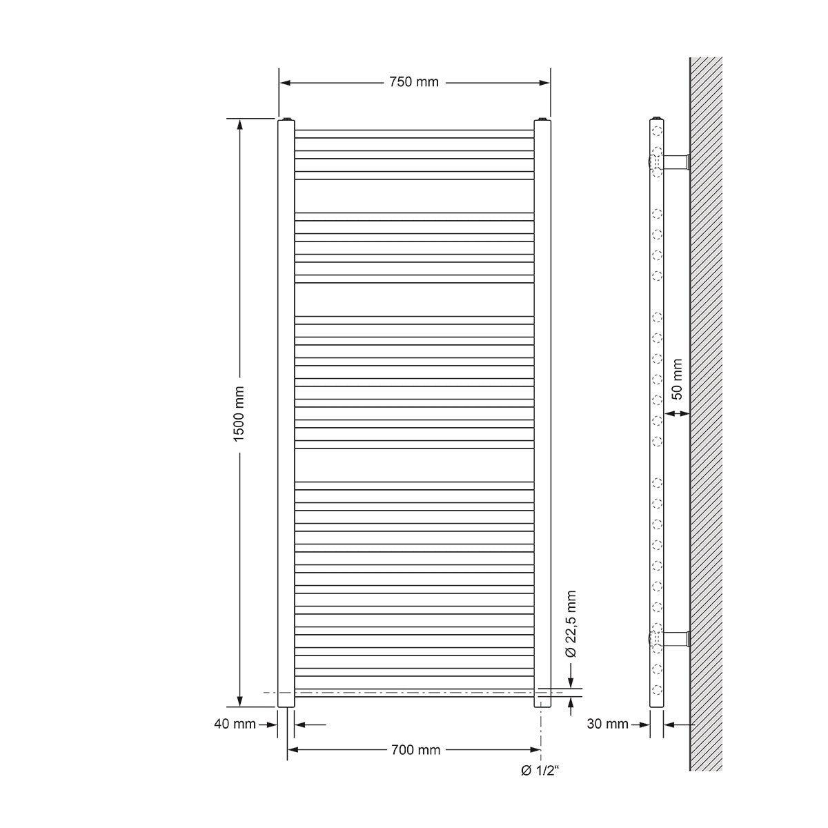 Technische Zeichnung eines geraden Heizkörpers, Maße 750x1500 mm.