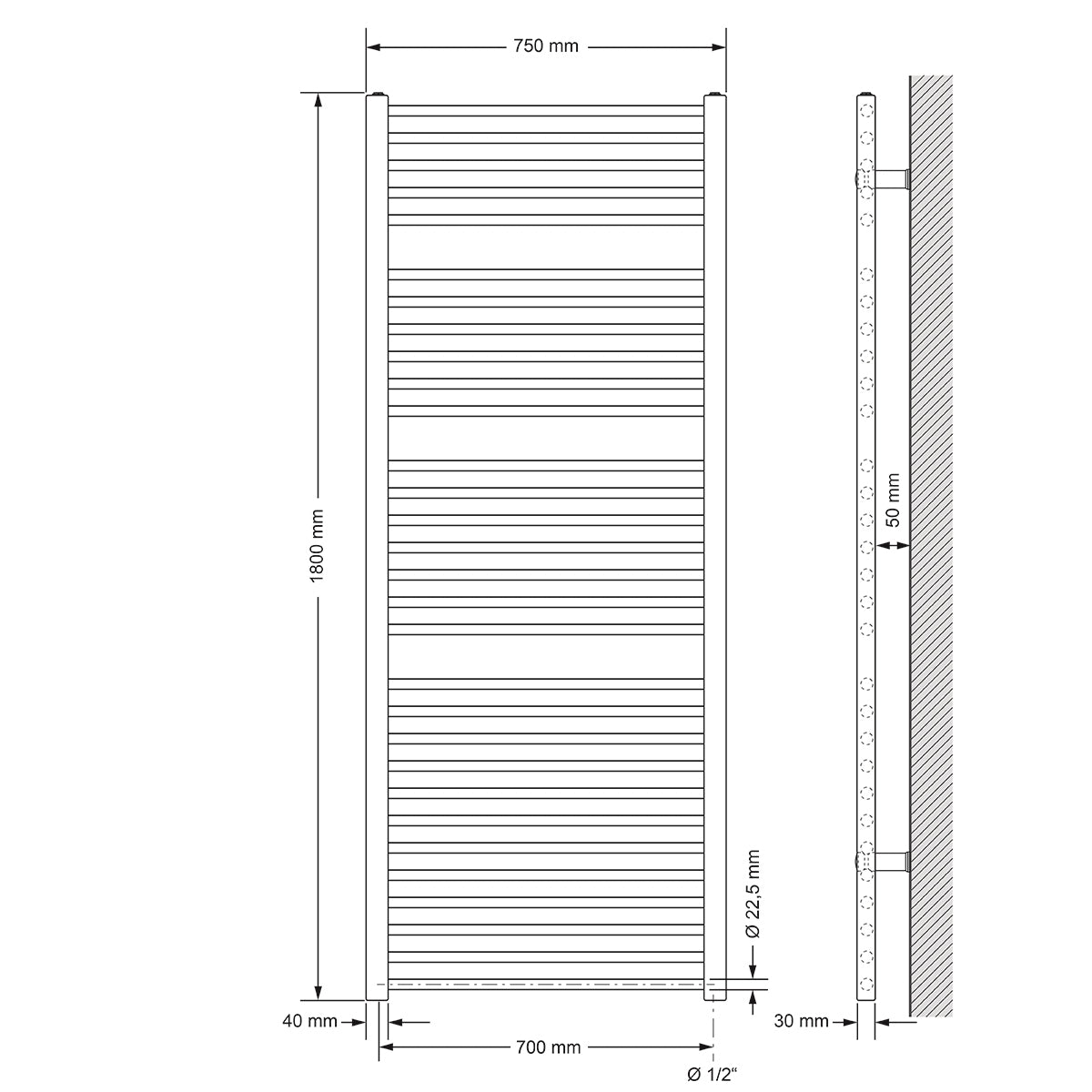 Disegno tecnico di un radiatore dritto, dimensioni 75x180 cm.