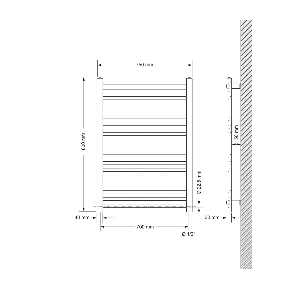 Technický výkres rovného topného tělesa, rozměry 750x800 mm.