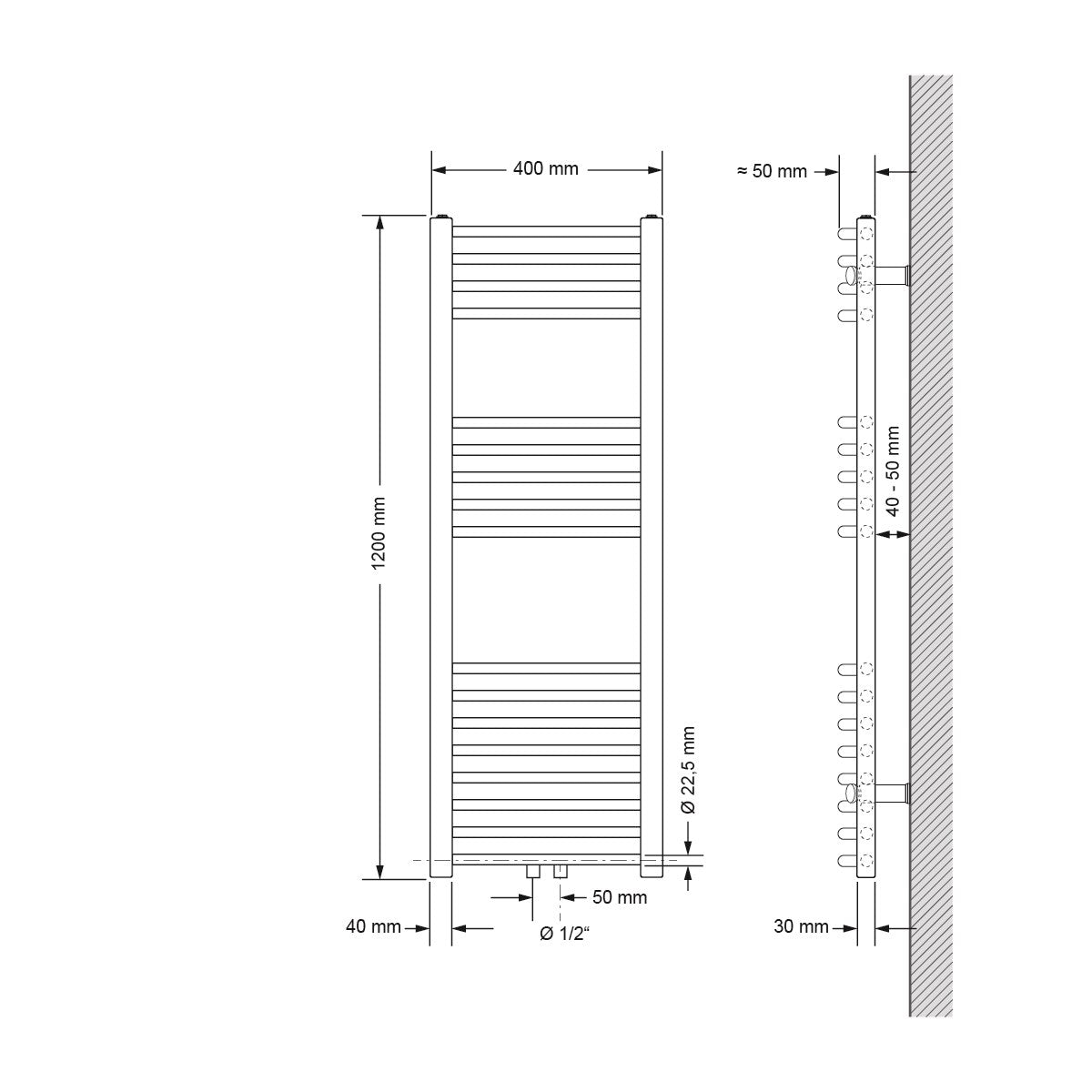 Technische Zeichnung eines Heizkörpers mit Maßen 400 mm x 1200 mm.
