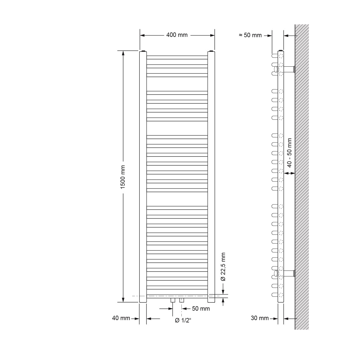 Tekninen piirustus kaarevasta lämpöpatterista, mitat 40x150 cm.