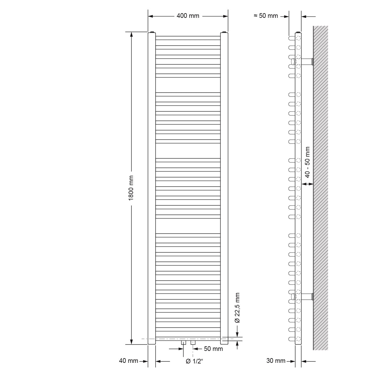 Technische Zeichnung eines gebogenen Heizkörpers, Maße 40x180 cm.