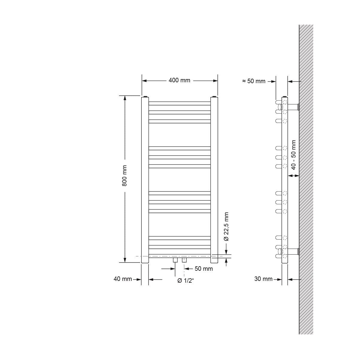 Dessin technique d’un radiateur incurvé, dimensions 400 × 800 mm.