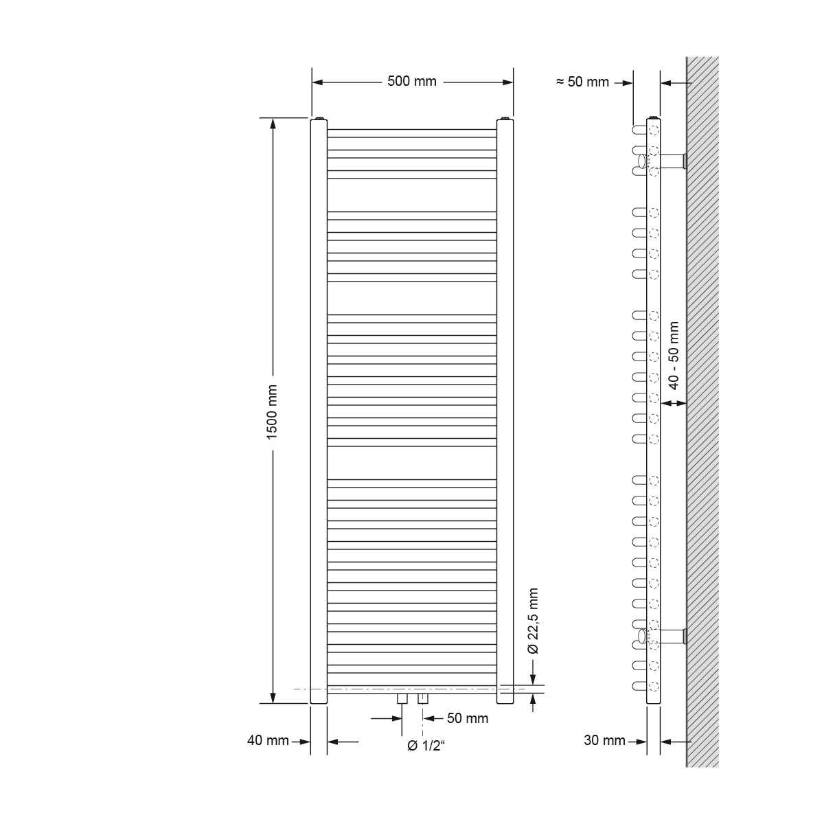 Tekninen piirustus kaarevasta lämpöpatterista, mitat 500x1500 mm.