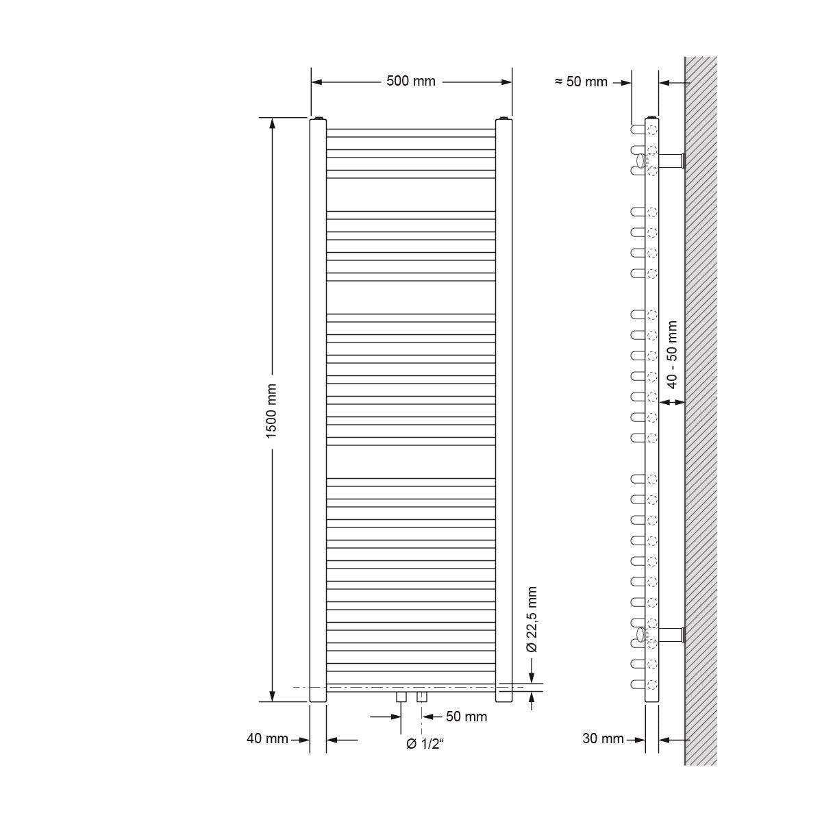 Dessin technique d’un radiateur incurvé, dimensions 500 × 1500 mm.