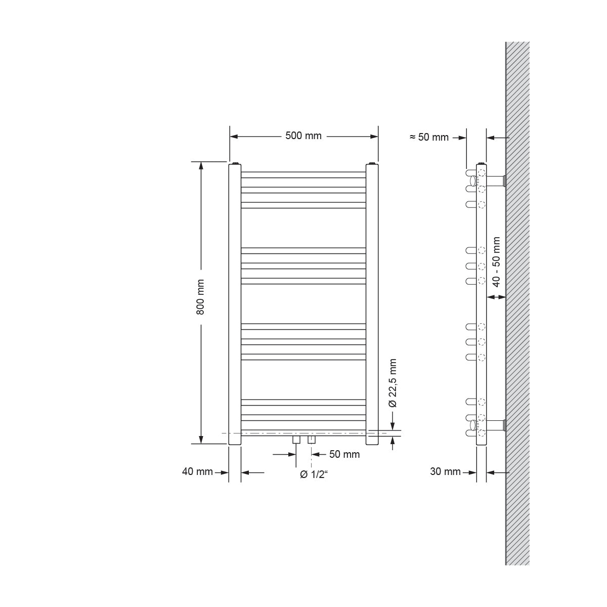Disegno tecnico di un radiatore curvo, dimensioni 500x800 mm.