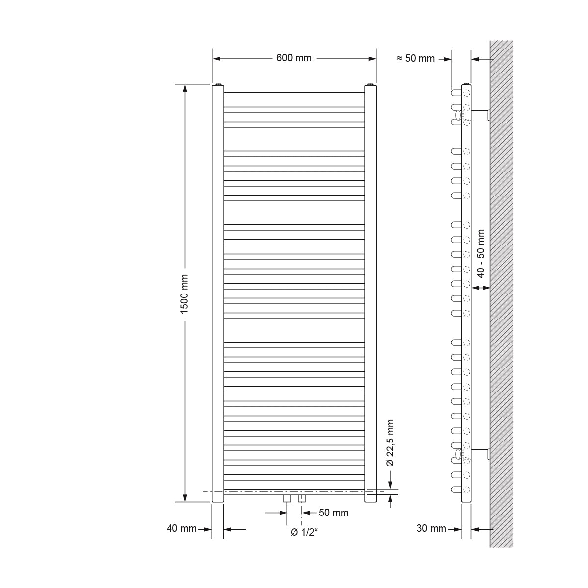 Technische Zeichnung eines gebogenen Heizkörpers, Maße 600 mm x 1500 mm.