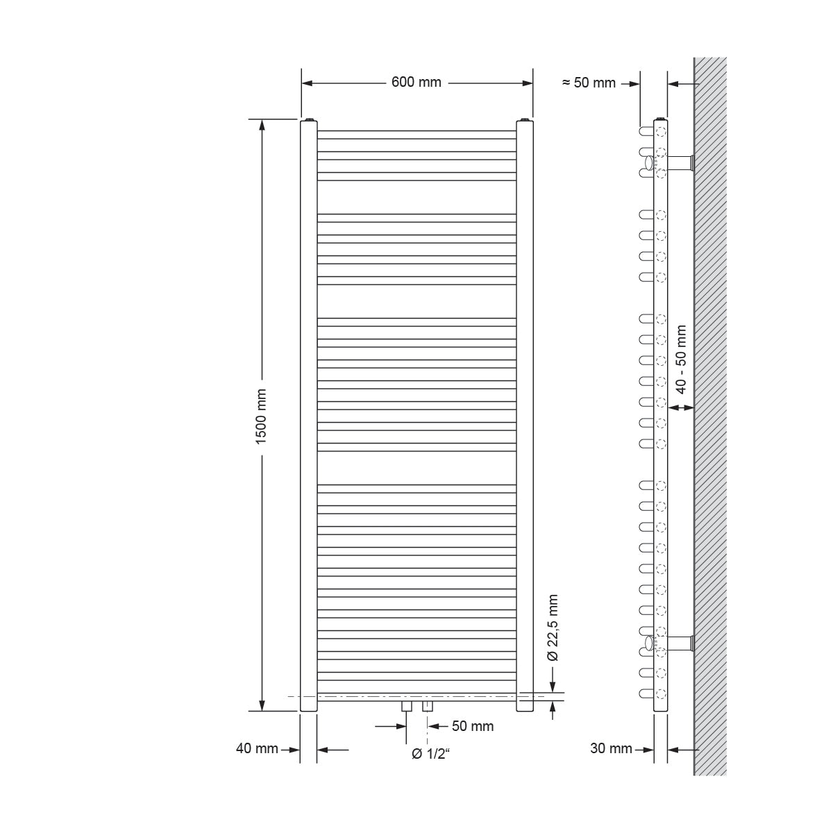 Technische Zeichnung eines Heizkörpers mit Maßen 600 mm x 1500 mm.