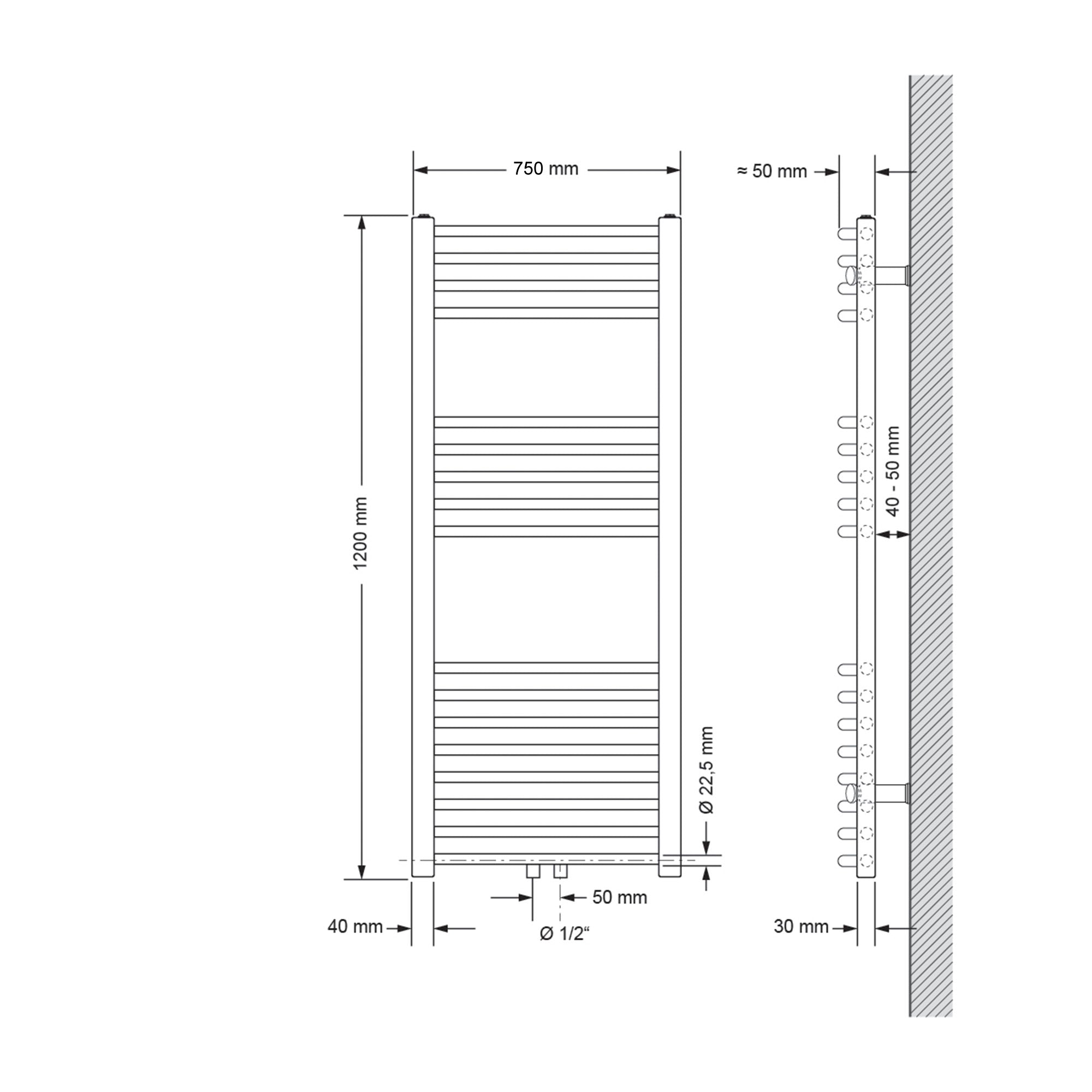 Disegno tecnico di un radiatore curvo, dimensioni 750 mm x 1200 mm.