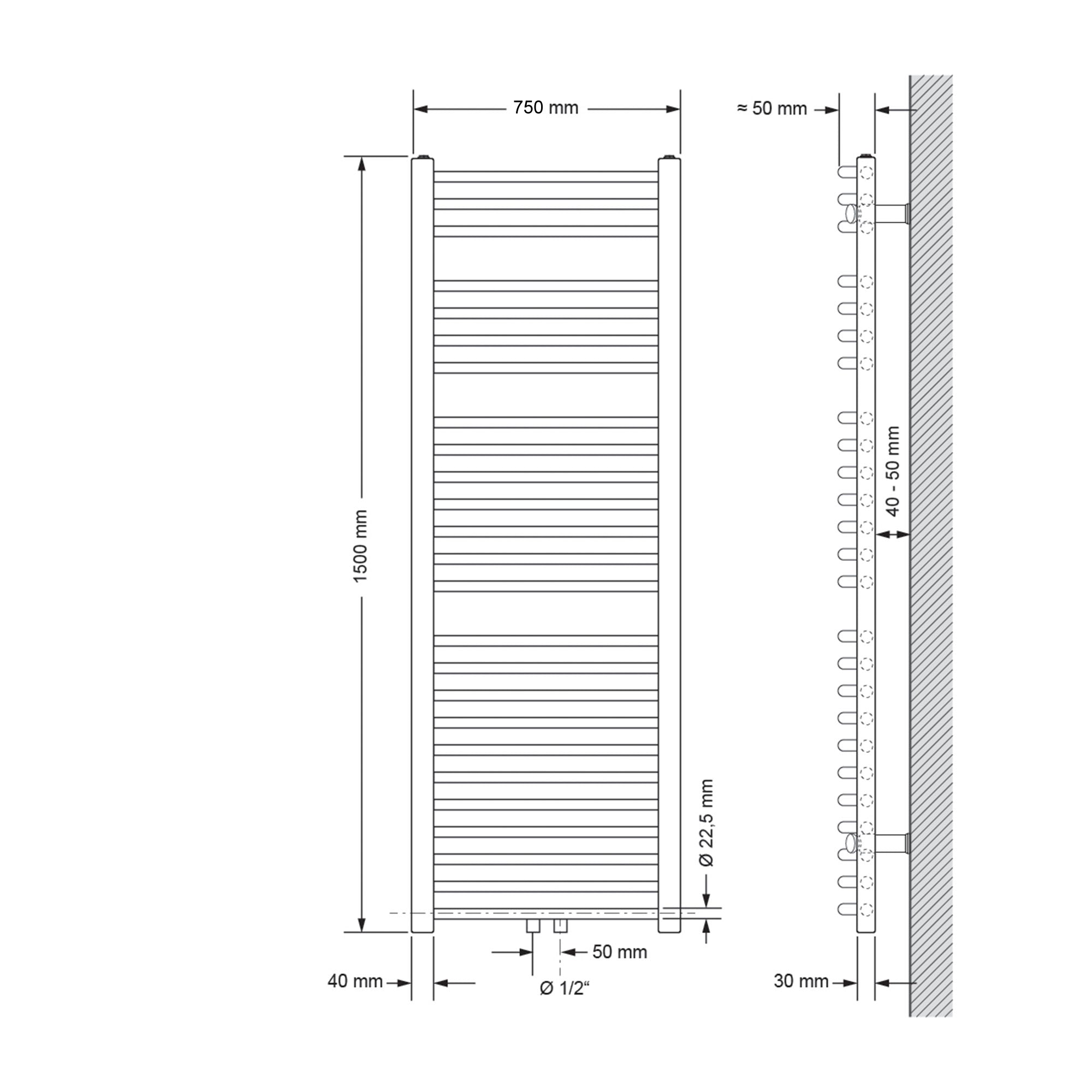Technische Zeichnung eines Heizkörpers mit Maßen 750 mm x 1500 mm.
