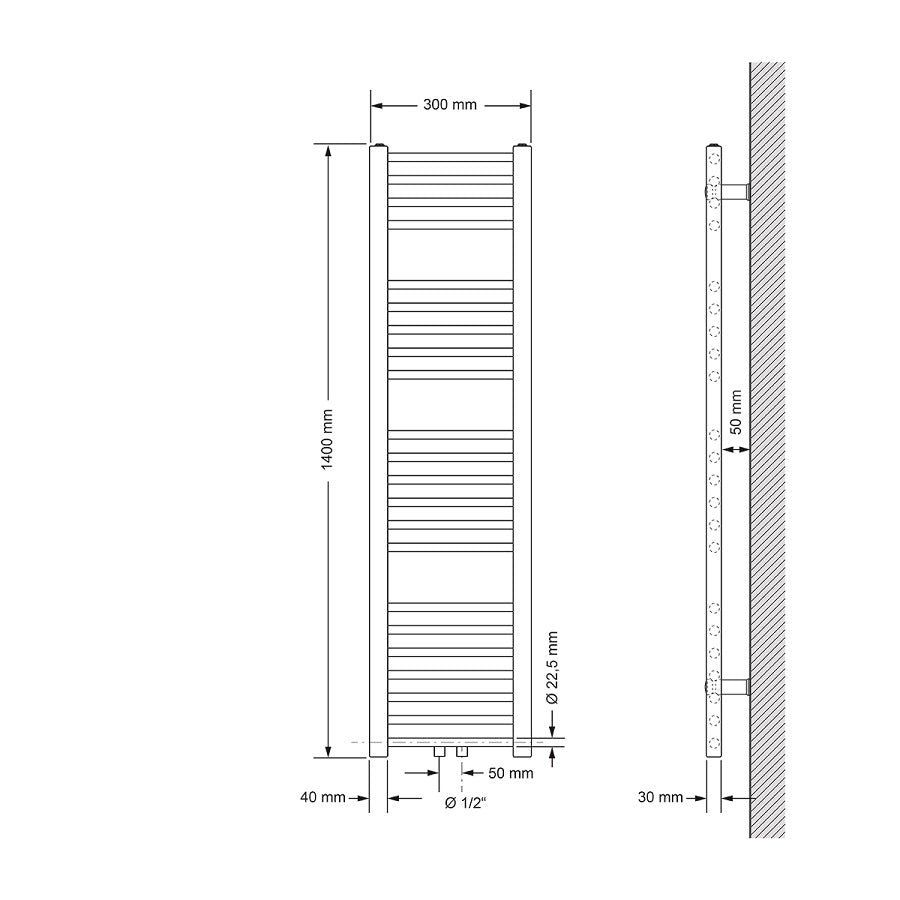 Technische Zeichnung eines Heizkörpers, Maße 300 mm x 1400 mm.