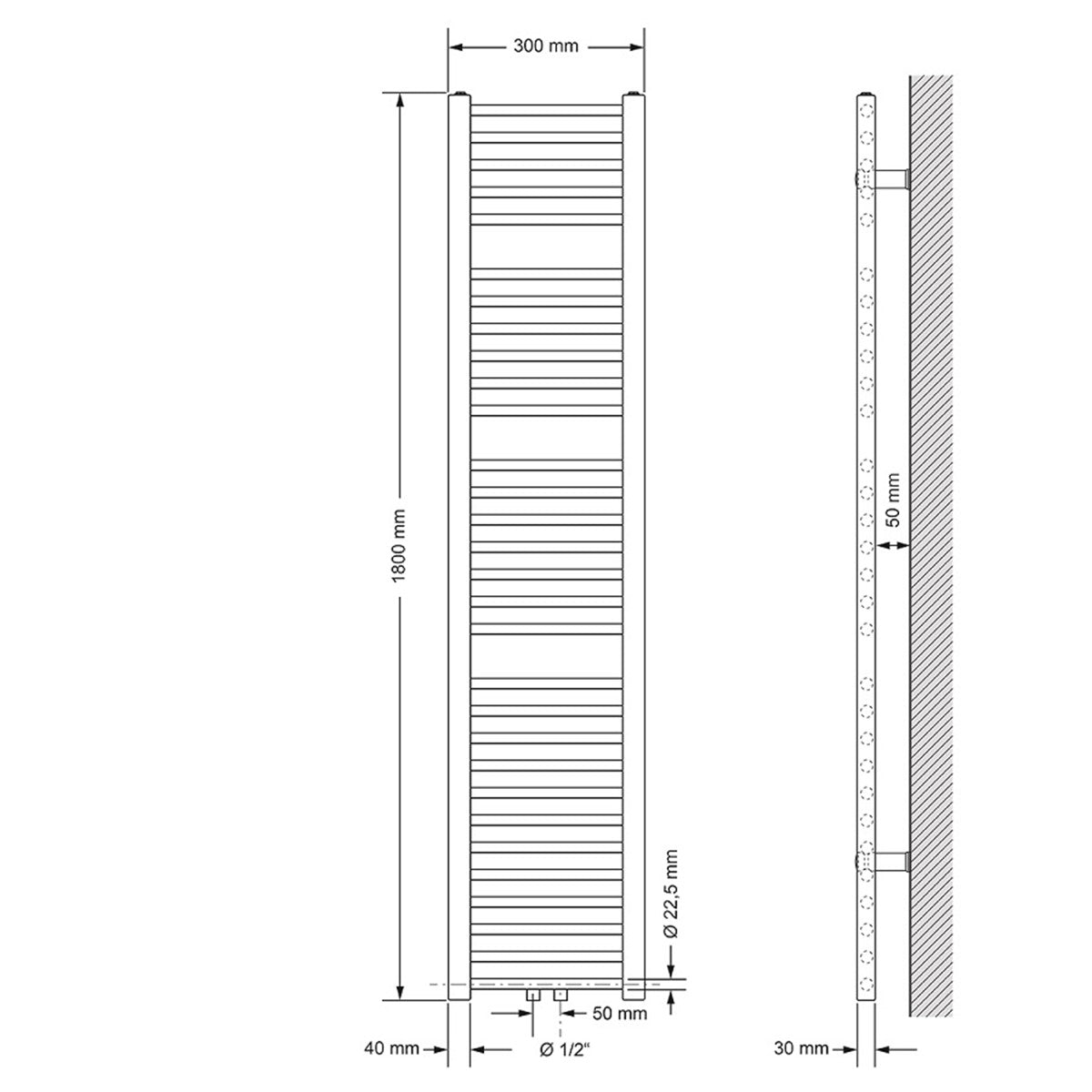 Teknisk tegning af en radiator, 300 mm bred og 1800 mm høj.