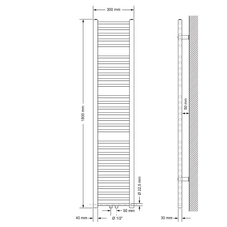 Technische tekening van een radiator, 300 mm breed en 1800 mm hoog.