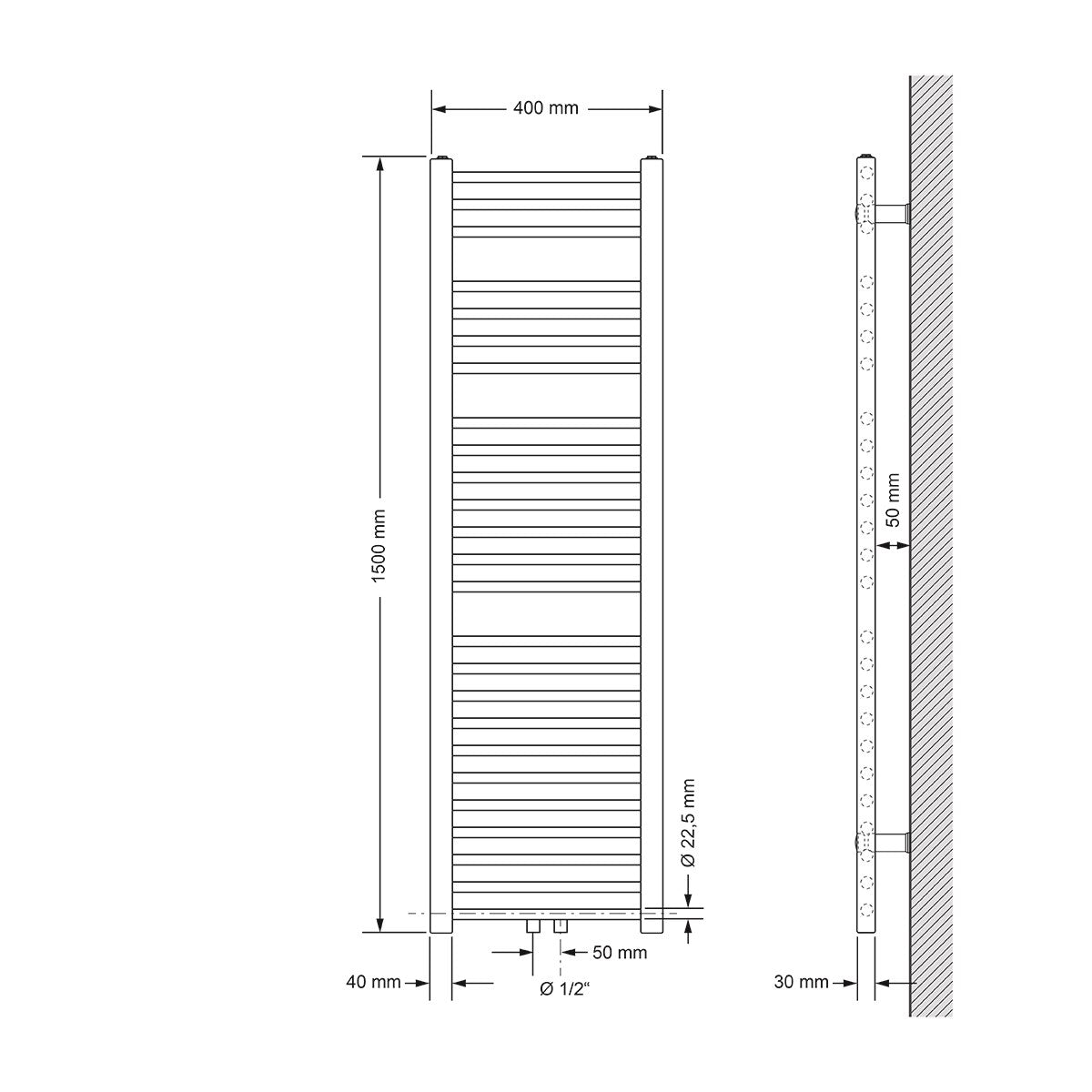 Technical drawing of a radiator, dimensions 400 mm x 1500 mm.