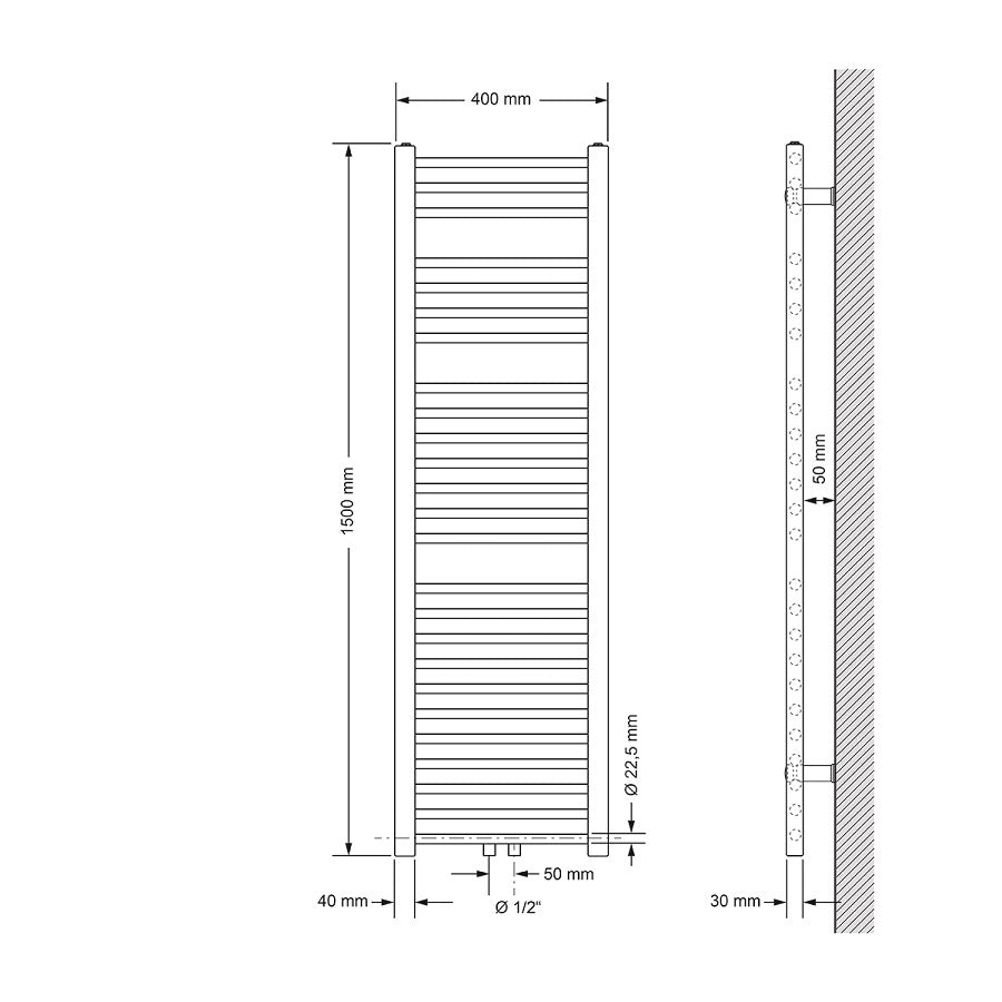 Technische Zeichnung eines Heizkörpers, Maße 400 mm x 1500 mm.