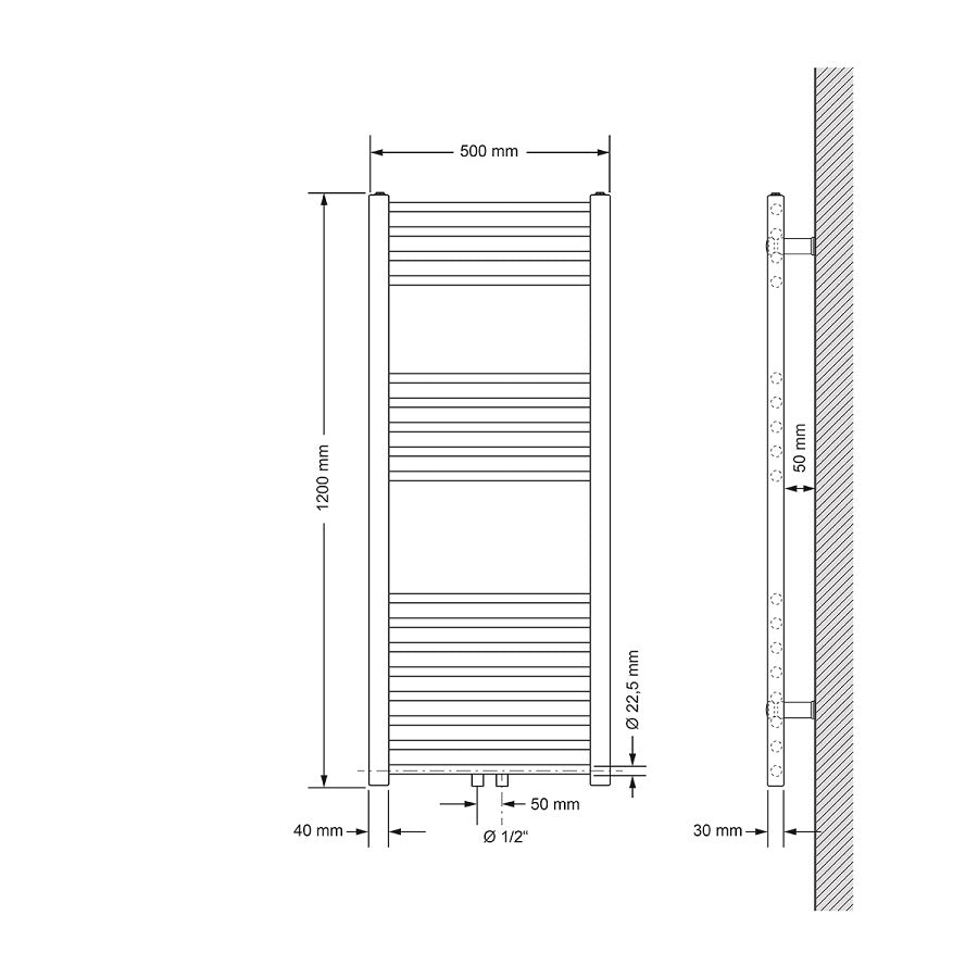 Technische Zeichnung eines Heizkörpers, Maße 500 mm x 1200 mm.