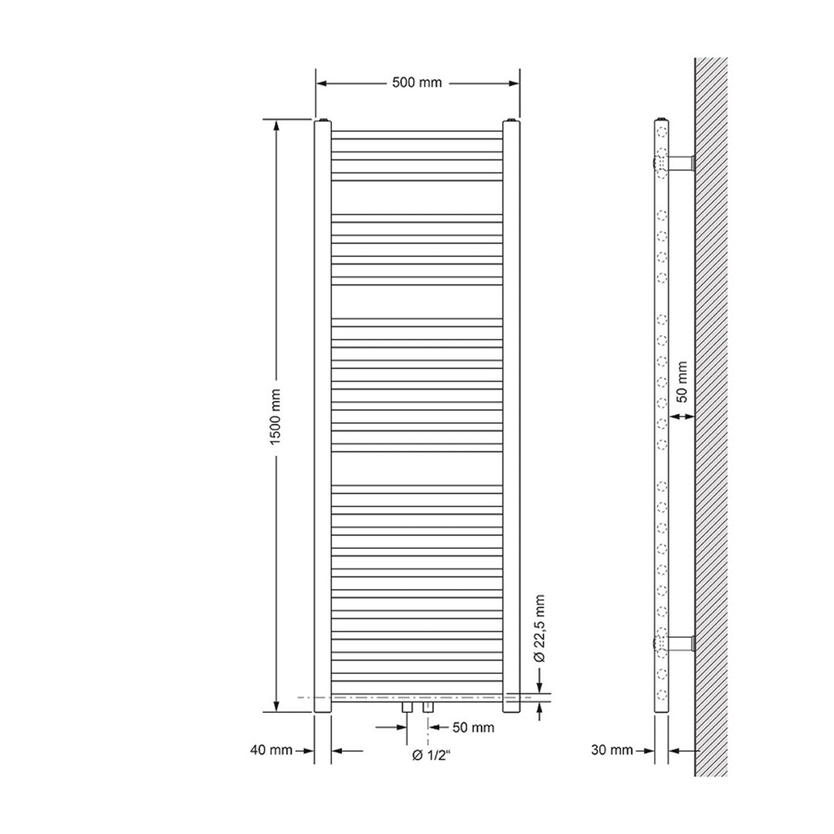 Technische Zeichnung eines geraden Heizkörpers, Maße 500 mm x 1500 mm.