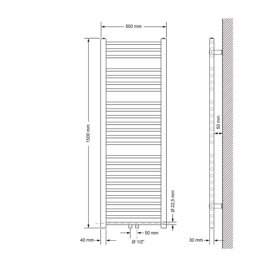 Technische Zeichnung eines geraden Heizkörpers, Maße 500 mm x 1500 mm.