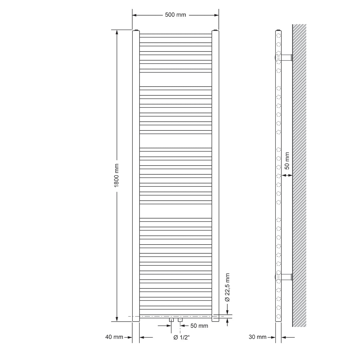 Disegno tecnico di un radiatore, dimensioni 500 mm x 1800 mm.