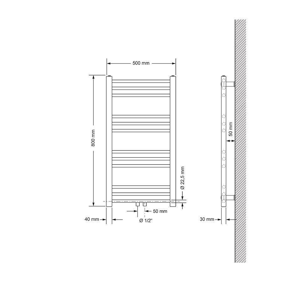 Technische Zeichnung eines Heizkörpers, Maße 500 mm x 800 mm.