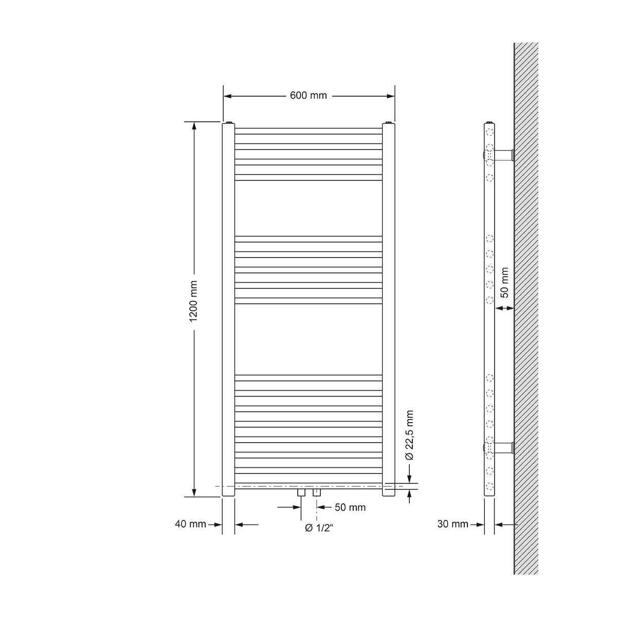 Technische Zeichnung eines Heizkörpers, Maße 600 mm x 1200 mm.