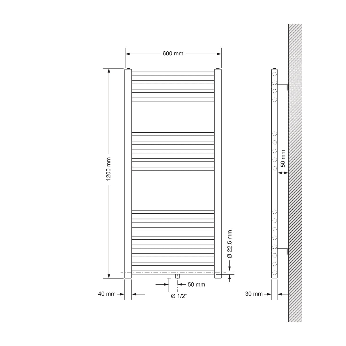 Technische Zeichnung eines Heizkörpers, Maße 600 mm x 1200 mm.