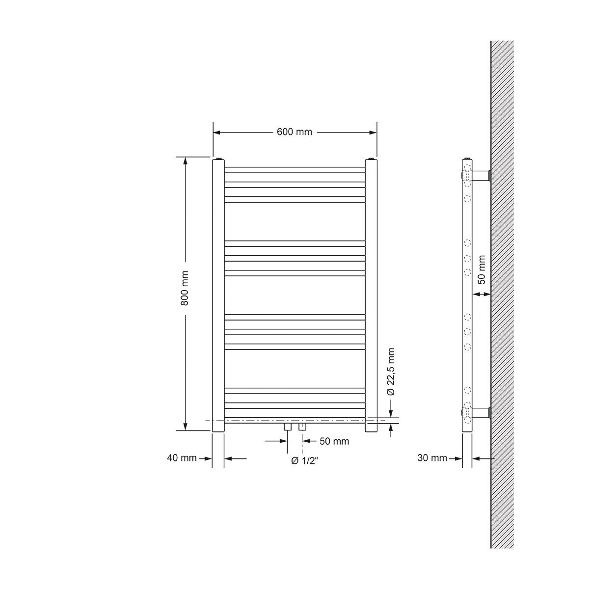 Rysunek techniczny grzejnika, wymiary 600 mm x 800 mm.