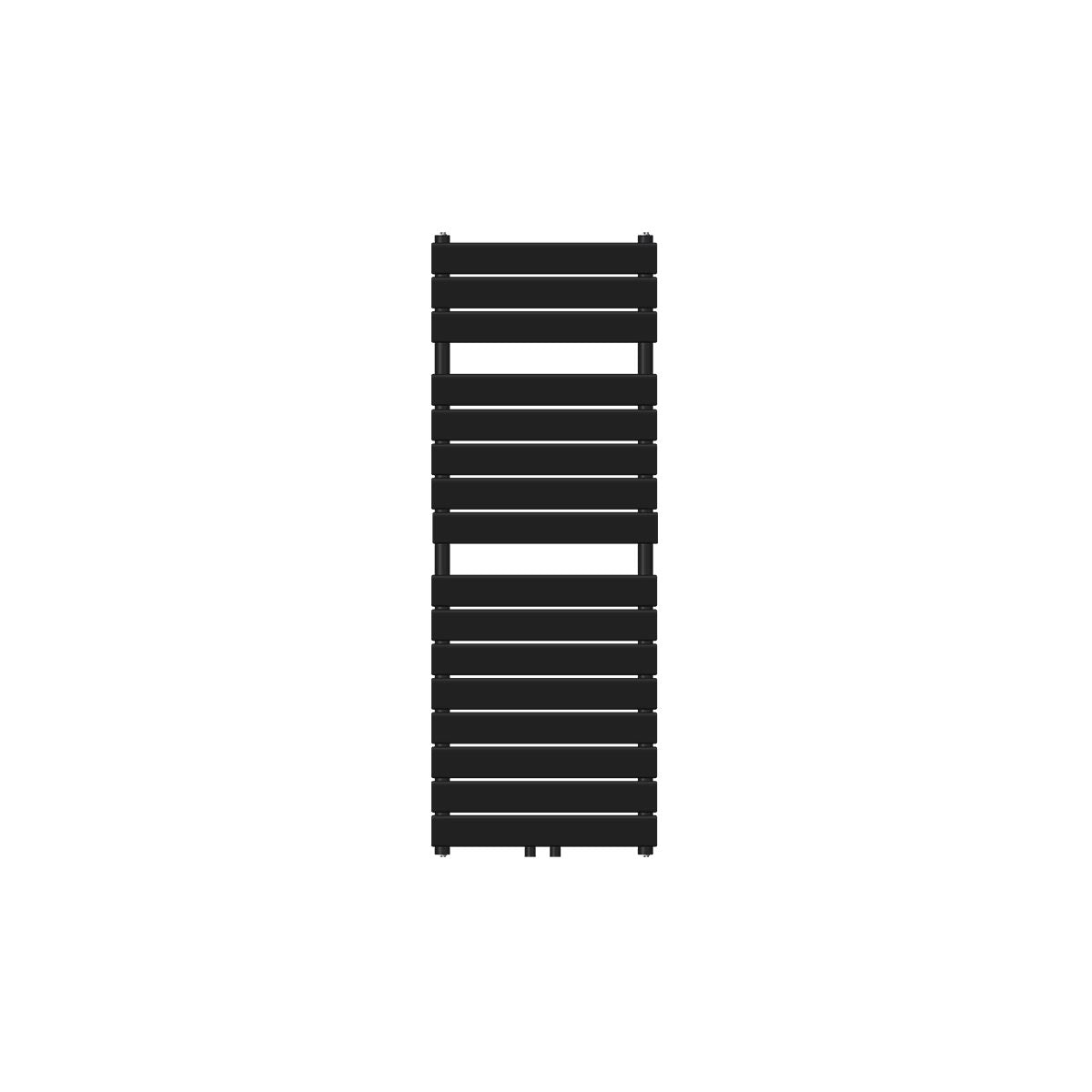 Zwarte radiator met horizontale lamellen, verticaal geplaatst.