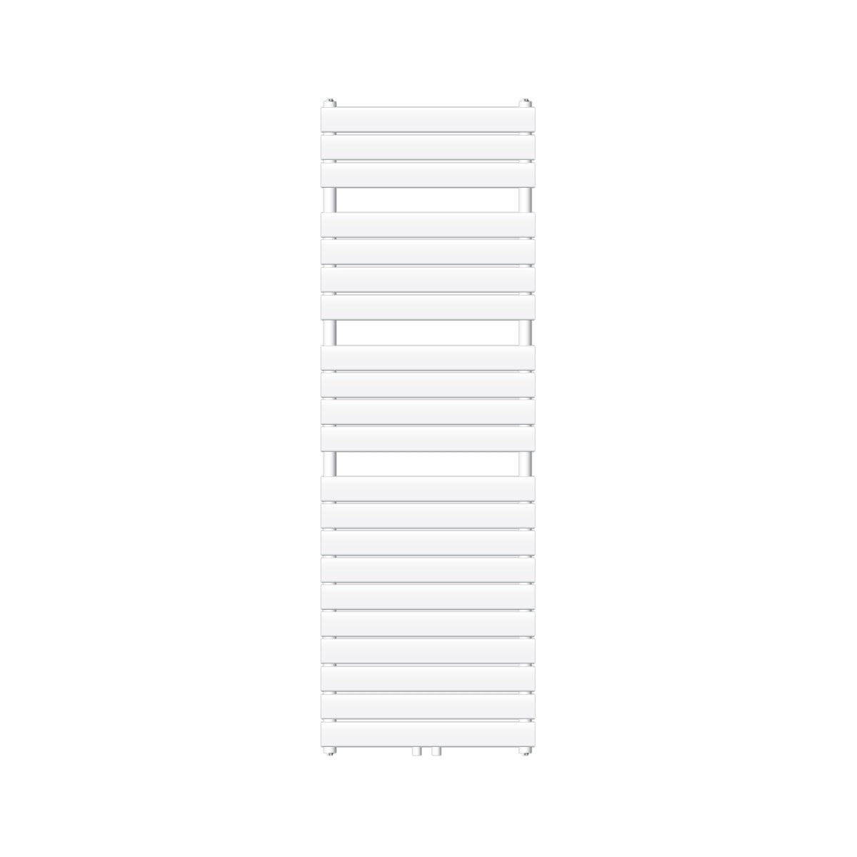 Witte handdoekradiator met gelijkmatige horizontale lamellen.