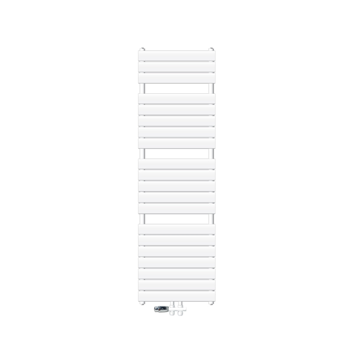 Witte handdoekradiator met meerdere horizontale lamellen.