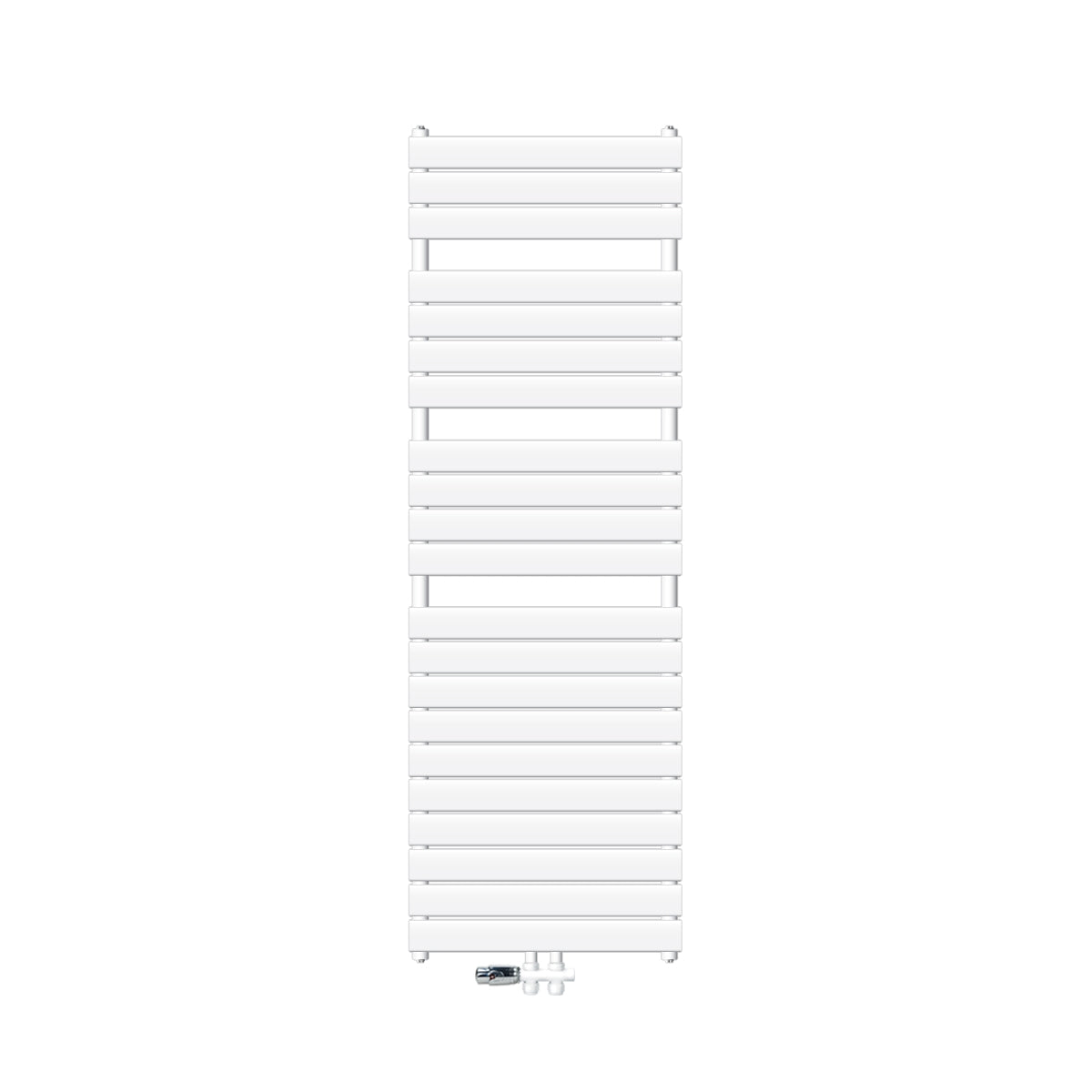 Hvid radiator foran hvid baggrund, set fra oven.