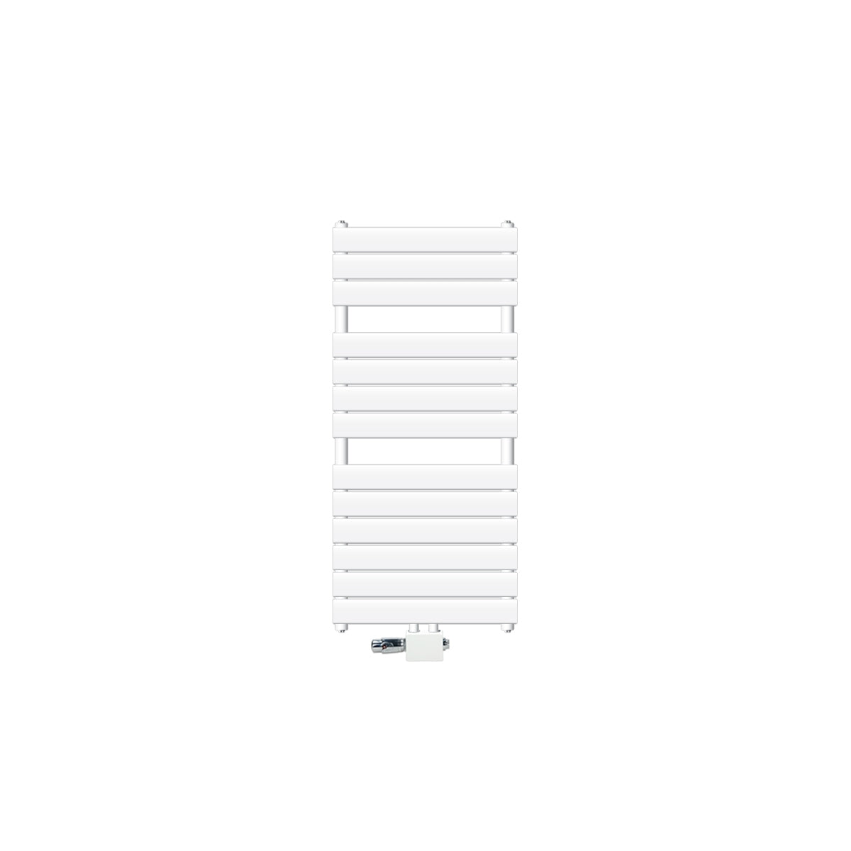 Radiator in white with several horizontal fins.