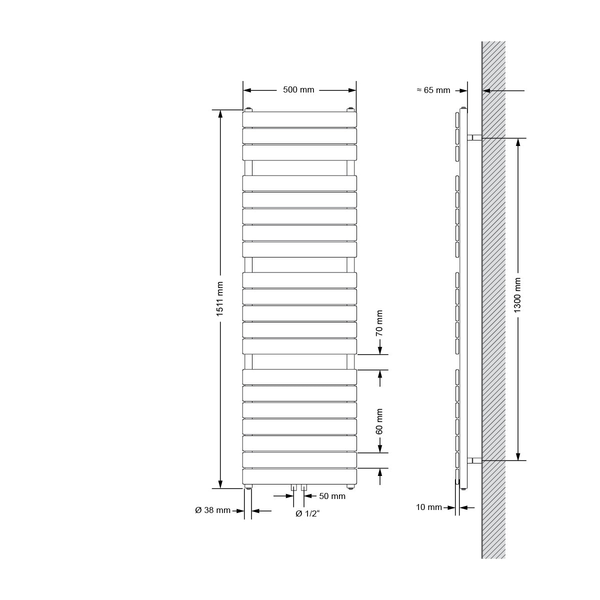 Technische tekening van een radiator in wit en antraciet.