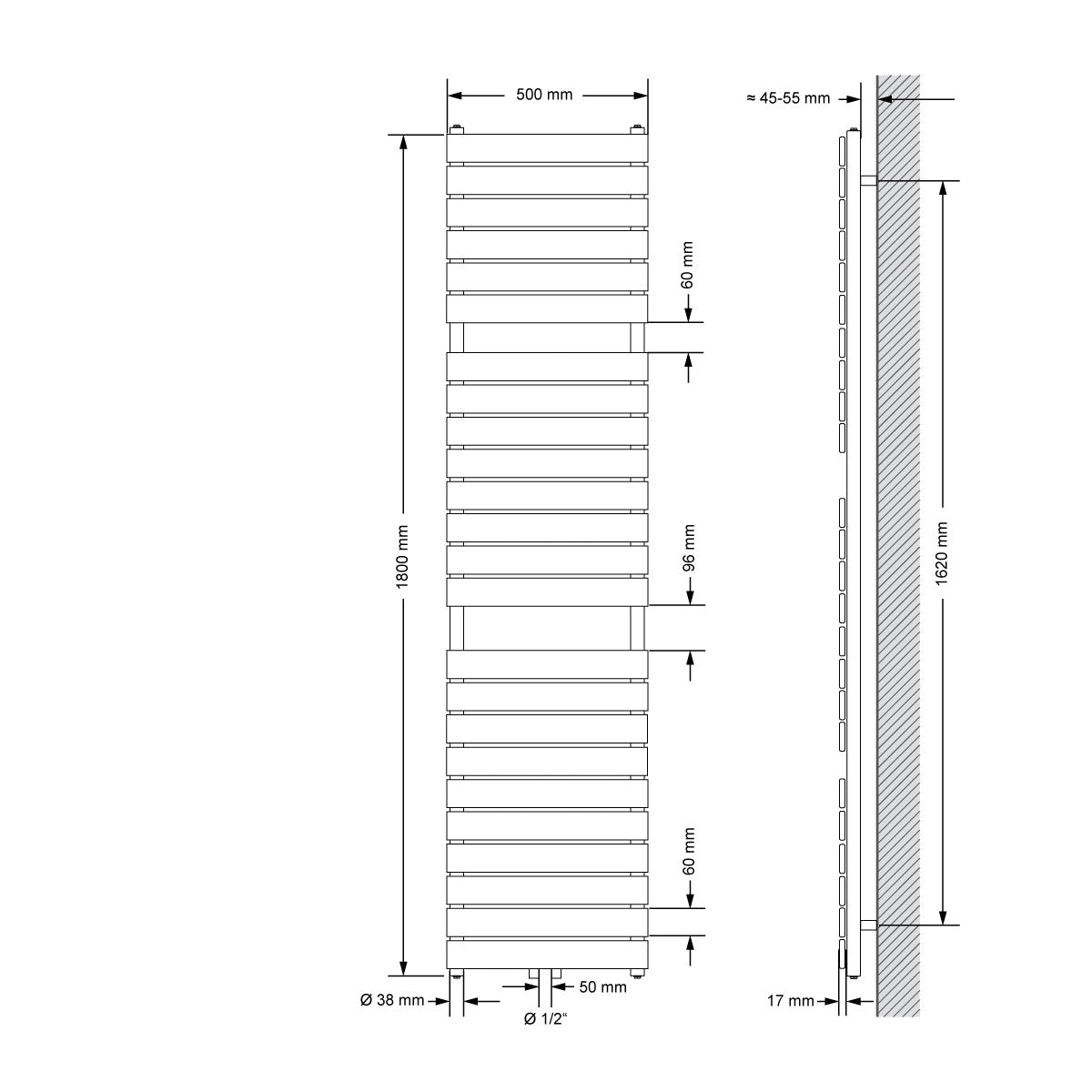 Műszaki rajz egy fehér és antracit radiátorról, méretei 500x1800 mm.