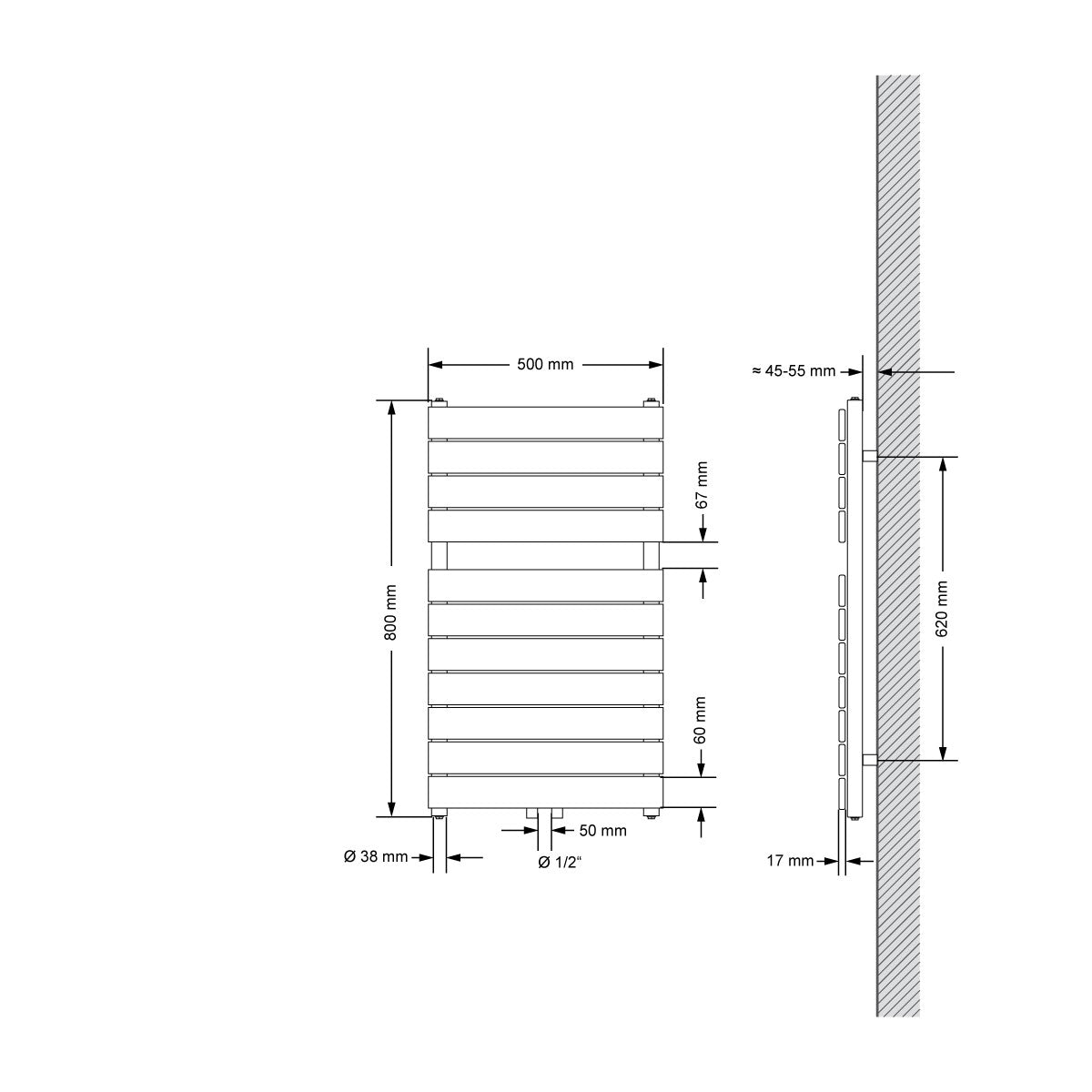 Technische Zeichnung eines Heizkörpers, Maße 500x800 mm.