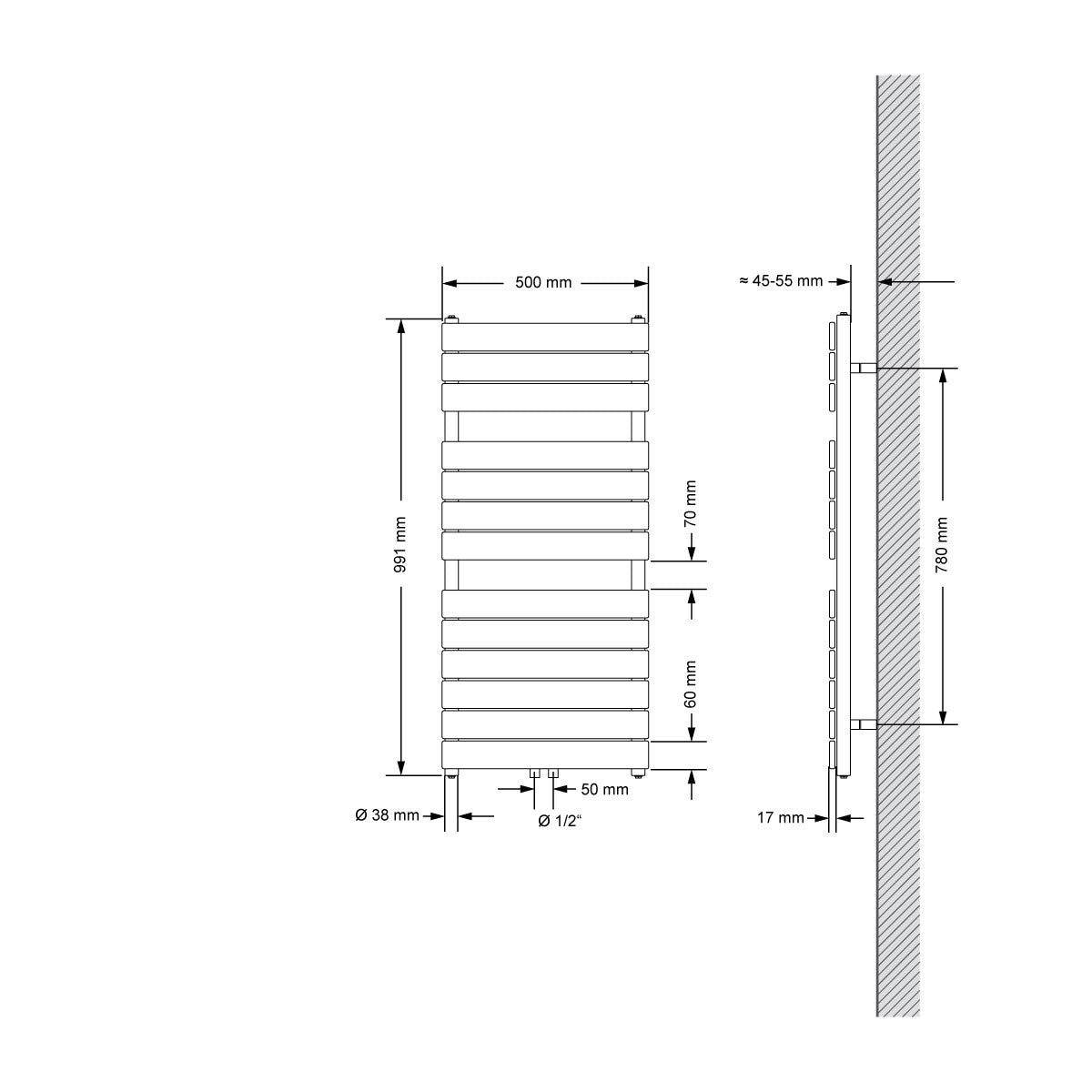 Disegno tecnico di un radiatore bianco e antracite.
