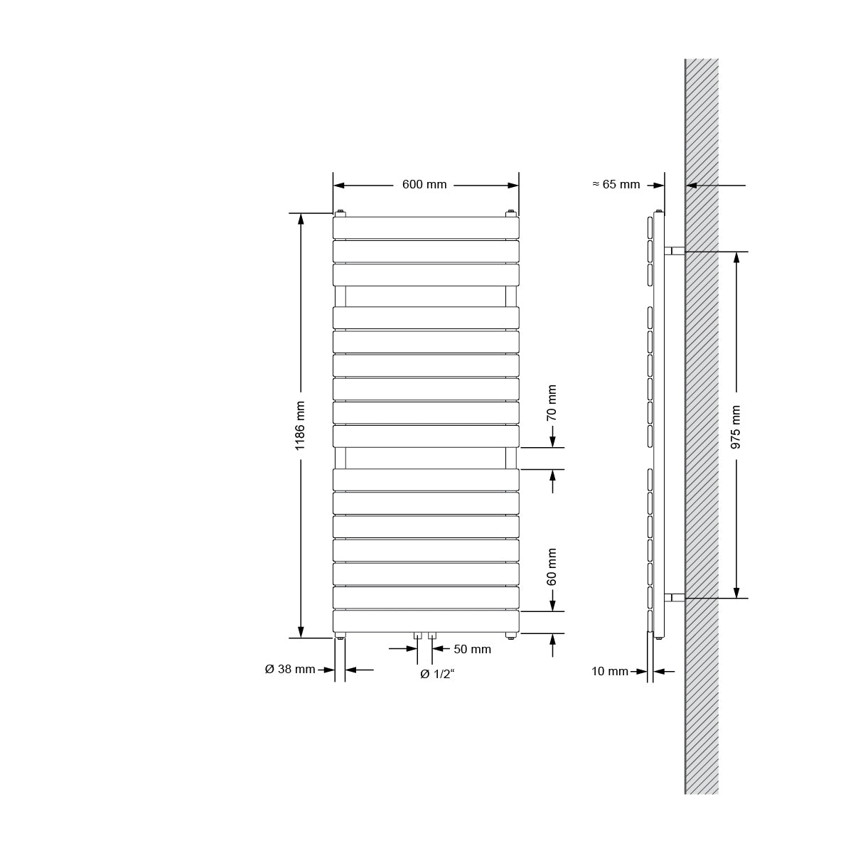 Disegno tecnico di un radiatore in bianco e antracite.