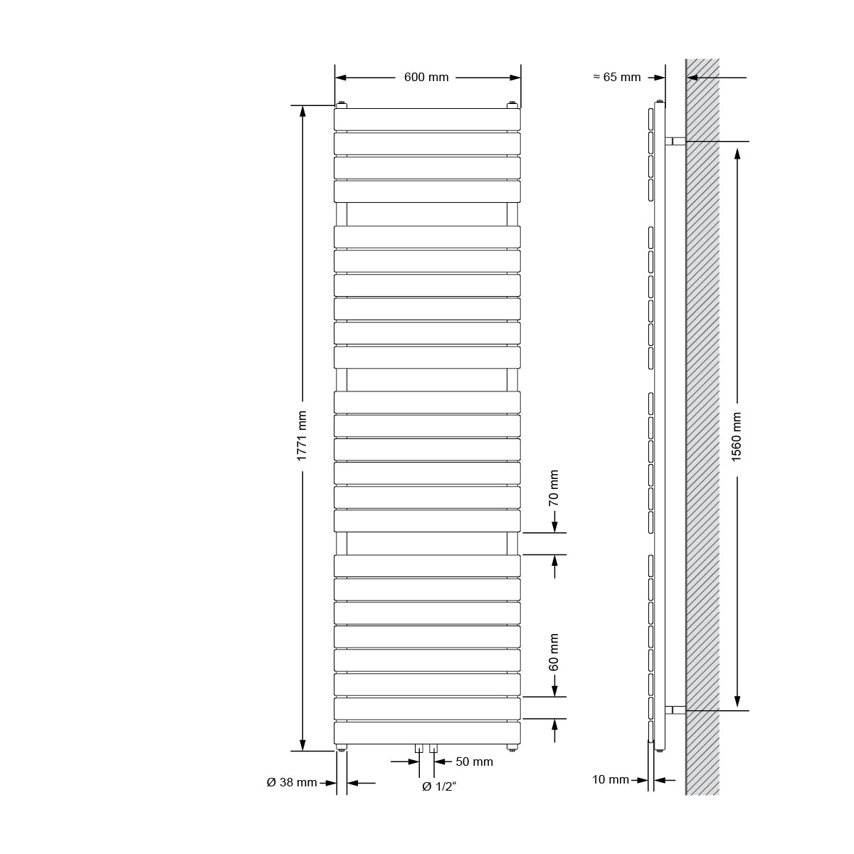 Dibujo técnico de un radiador en blanco y antracita, medidas 600x1771 mm.