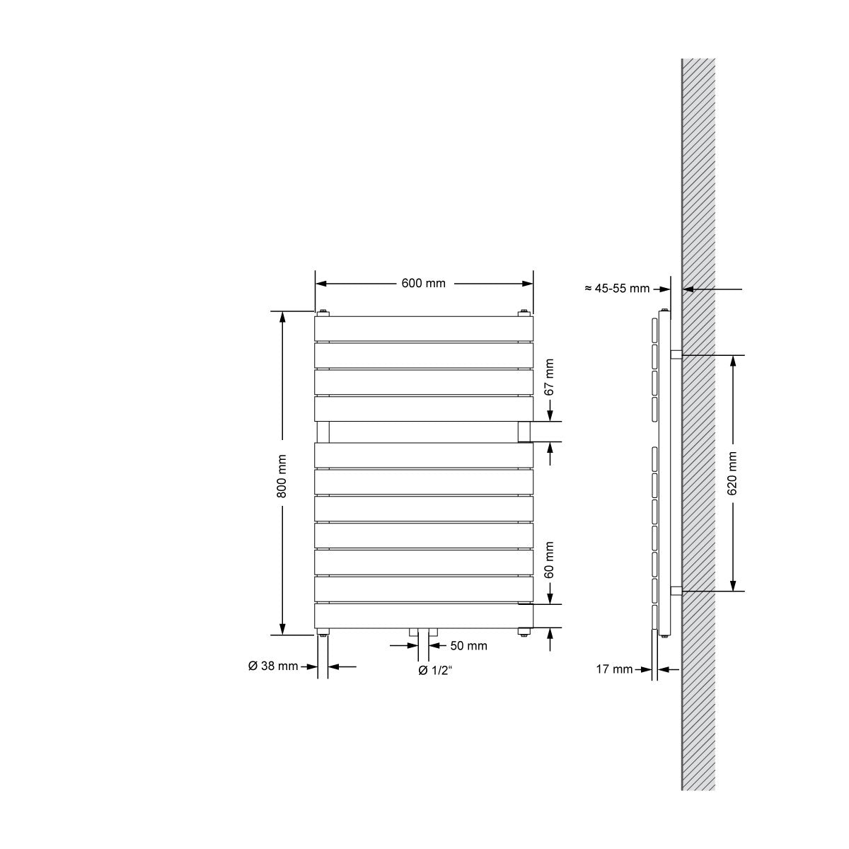 Technische Zeichnung eines Heizkörpers, Maße 600x800 mm.