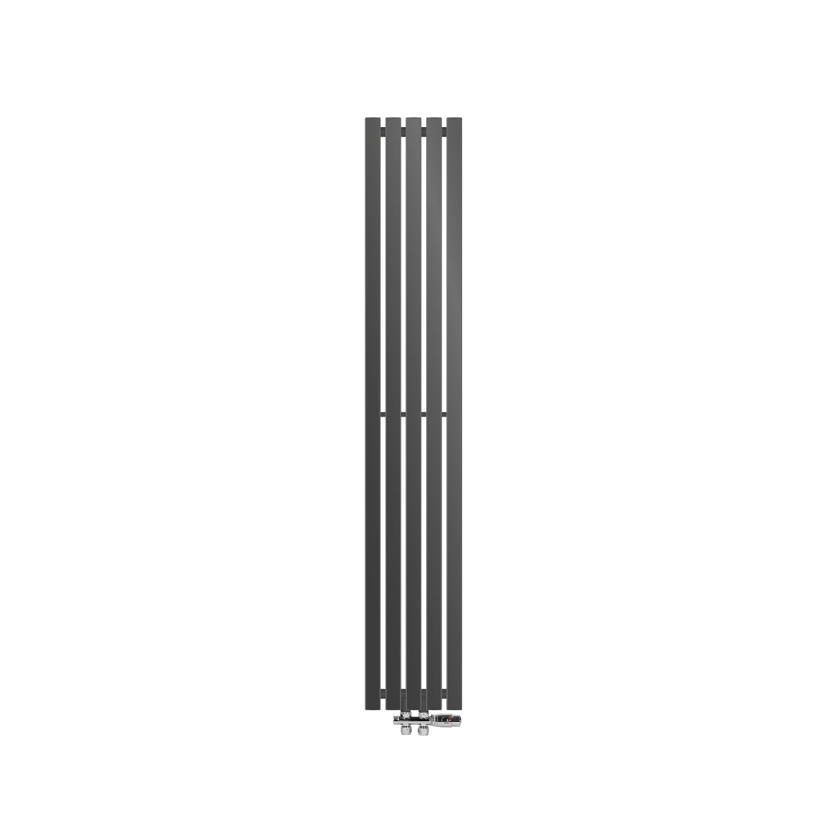 Tall anthracite radiator with vertical fins, mounted on the floor.